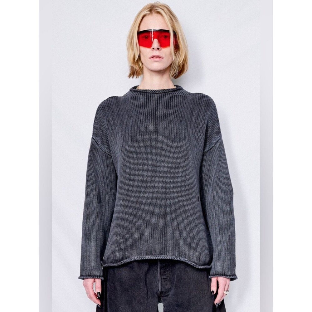 Demylee NY Minimalist Dark Gray Cotton Knit Mockneck Sweater Sz M Coastal Casual